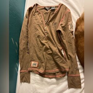 Brown Long Sleeve Henley with Embroidered Patches